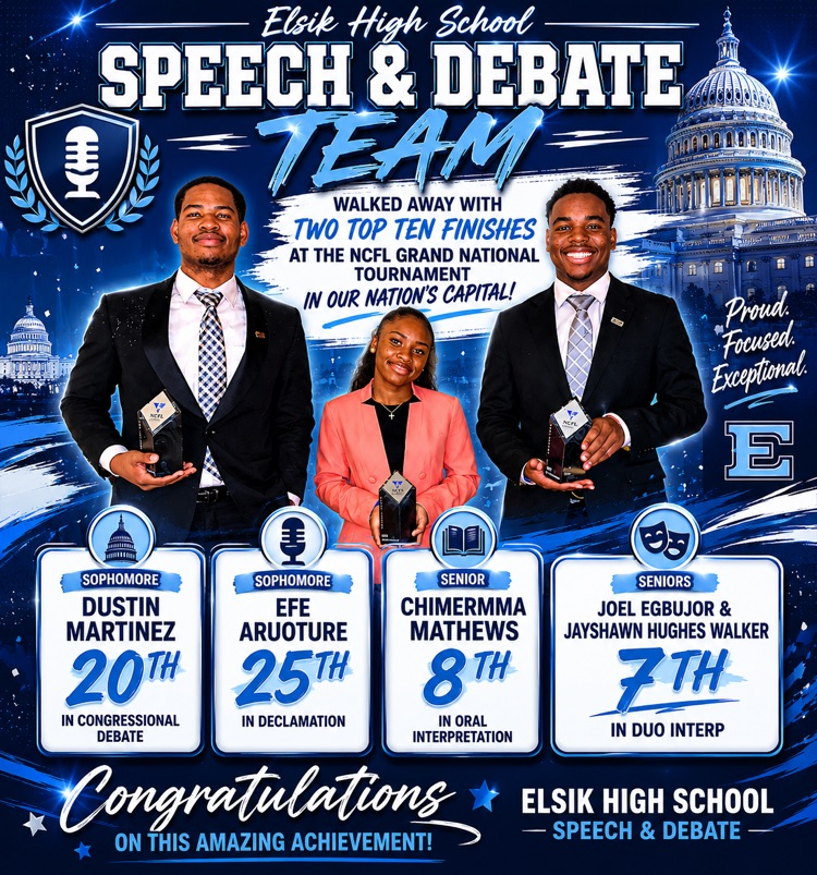 ElsikHighSchool's tweet photo. 🏆 Elsik High School Speech &amp; Debate shined at the NCFL Grand National Tournament in Washington, D.C.! Congratulations to Dustin Martinez, Efe Aruoture, Chimermma Mathews, Joel Egbujor, and Jayshawn Hughes Walker on their outstanding national finishes! 💙🐏 #RamNation https://t.co/hncxGC1G2Y