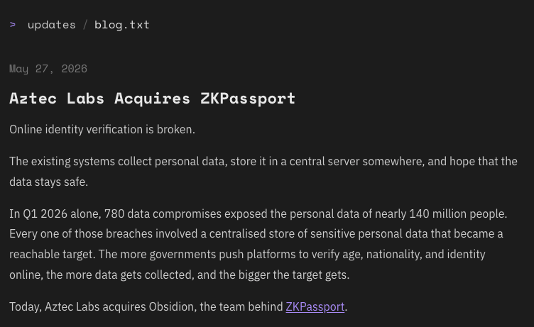 DefiantNews's tweet photo. 🤝

@AztecLabs_  acquires the team behind @ZKPassport  to integrate privacy-preserving identity verification.

ZKPassport enables users to prove age, nationality, and proof of humanity without uploading personal data to any central server.

Read more here:

https://t.co/0Be43dlkhI