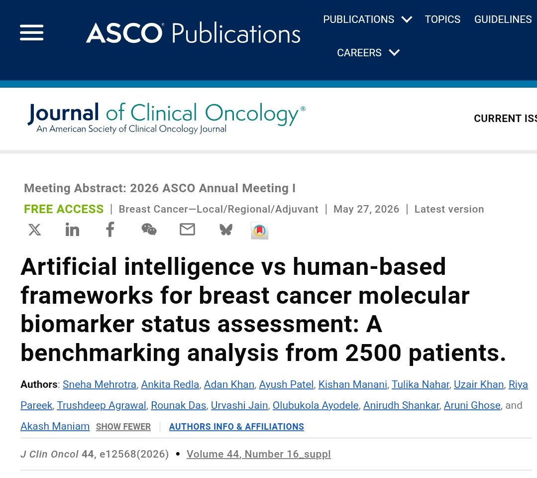 AgrawalTrush's tweet photo. Abstract Published @ASCO @JCO_ASCO 

2026 Annual Meeting

Title: Artificial intelligence vs human-based frameworks for breast cancer molecular biomarker status assessment: A benchmarking analysis from 2500 patients.

Link: https://t.co/7ZzmAeET91 https://t.co/hvU1Lr12Ez