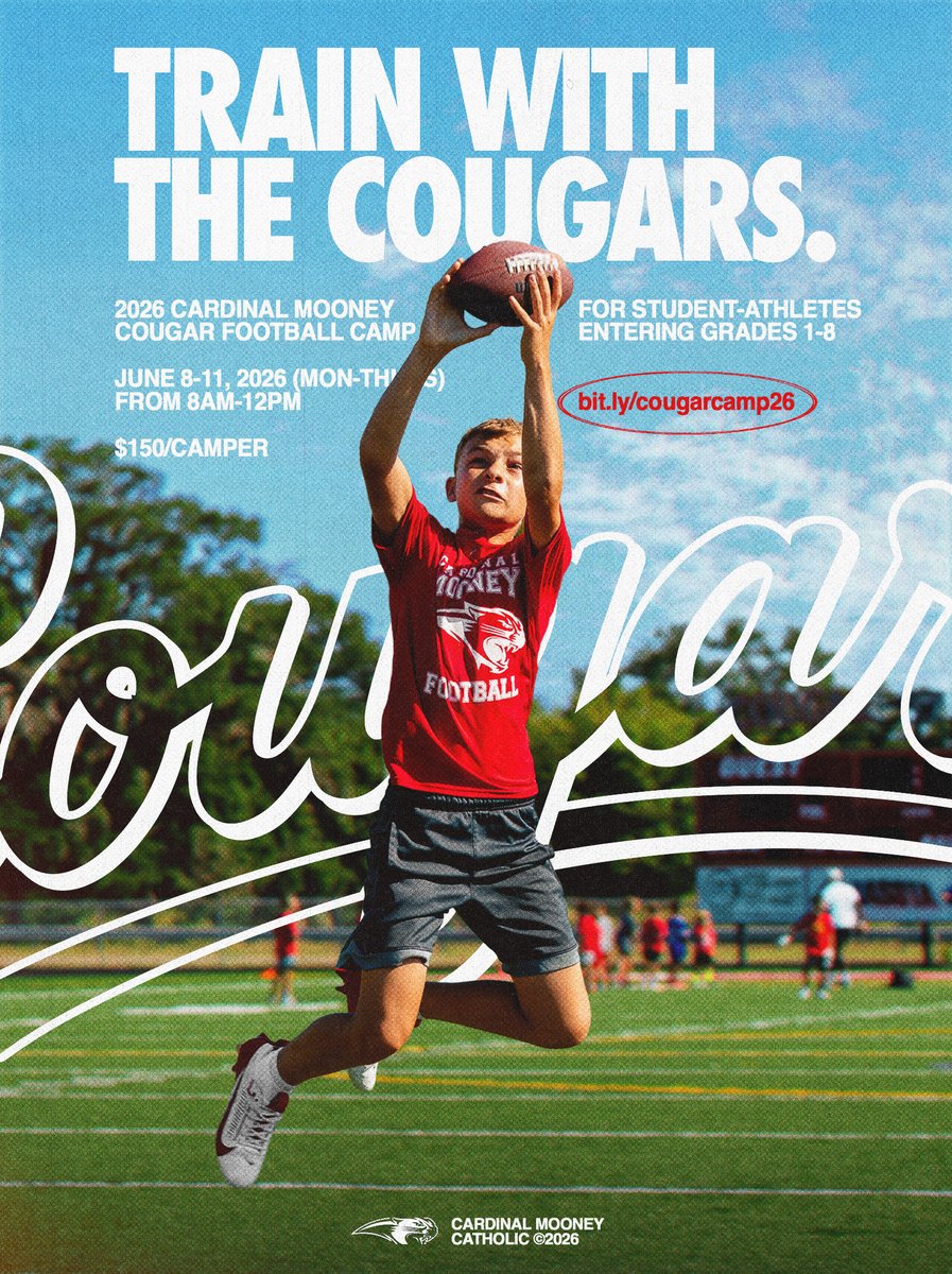 Mooney_FB's tweet photo. Train with the Cougars at our CMHS Youth Football Camp ‼️ June 8th-11th from 8am-Noon at CMHS 📍 For student-athletes entering grades 1-8 🐾

Secure your athlete’s spot today! https://t.co/nlSaTOgqEf https://t.co/xQqWBaM5ZN