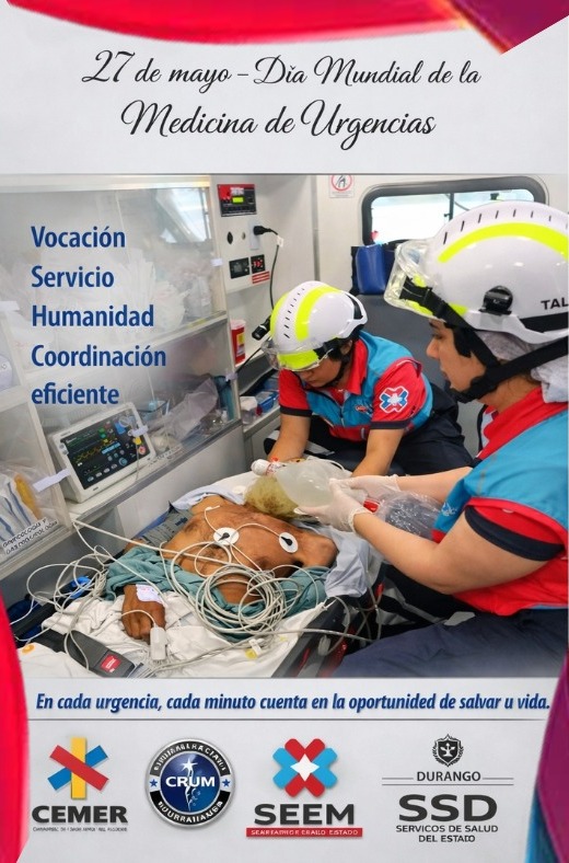 SSDurango's tweet photo. Este Día Mundial de la Medicina de Urgencias y Emergencias, felicitamos al personal #CEMER y de Servicios de Urgencias Hospitalarias por ejercer una especialidad clave para salvar vidas.
Reconocemos el trabajo de quienes actúan en situaciones críticas donde cada segundo cuenta. https://t.co/OqYGIYtlkW