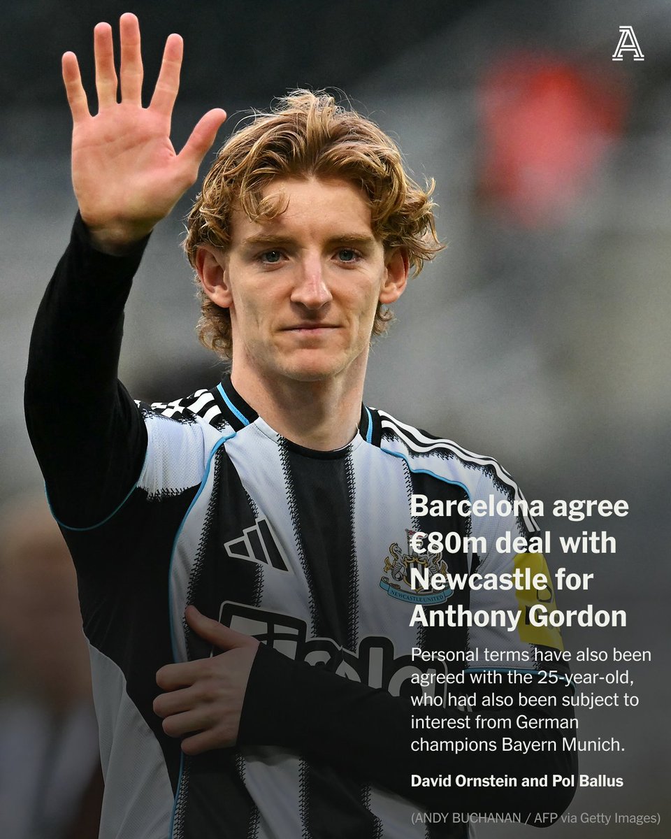 TheAthleticFC's tweet photo. Barcelona have reached an agreement to sign forward Anthony Gordon from Newcastle United.

The Athletic reported earlier on Wednesday that Barcelona had made an offer of an initial €80million (£69.3m; $93.2m) plus add-ons for the winger.

This has now been accepted by Newcastle, with the England international set to make the switch to the Camp Nou.

More from @David_Ornstein and @polballus ⬇️

🔗 https://t.co/T2qygiVoSK