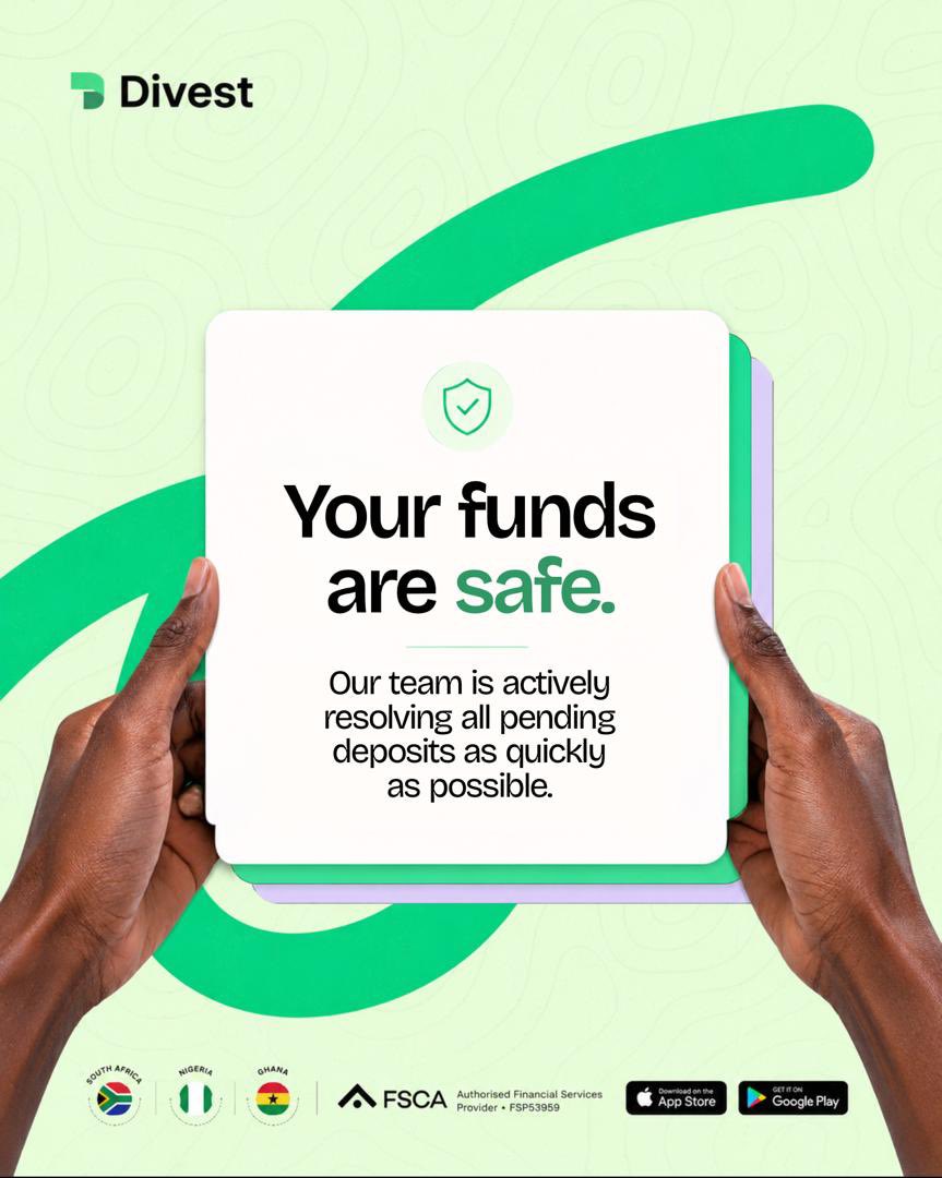 Usedivest's tweet photo. We are aware that some deposits are currently delayed following the scheduled maintenance, and we sincerely apologize for the frustration this has caused. 🙏🏽

Our team is actively working to resolve all pending transactions, and users’ funds remain safe.

We ask for a little more patience while we clear things up and we apologize for any inconvenience this might have caused. 💚