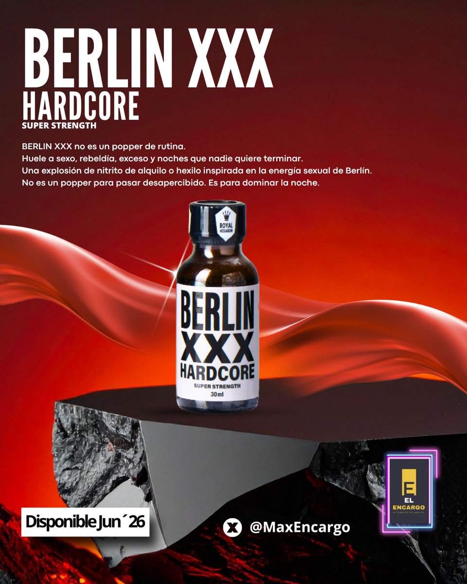 MaxEncargo's tweet photo. BERLIN XXX no huele a rutina.
Huele a sexo, rebeldía, exceso y noches que nadie quiere terminar.
Una explosión de nitrito de alquilo o hexilo inspirada en la energía sexual de Berlín.
No es un popper para pasar desapercibido. Es para dominar la noche. https://t.co/PbaAxysBPH
