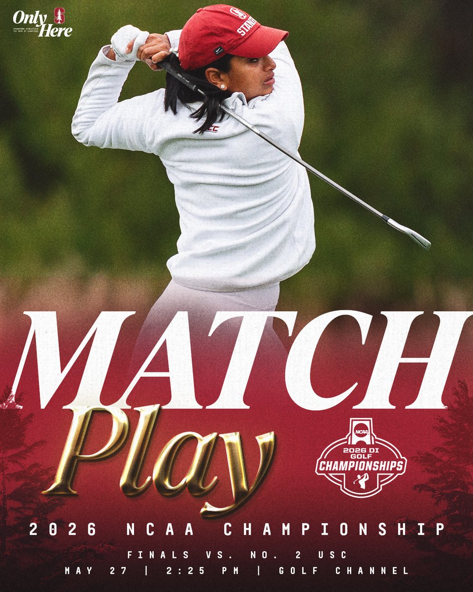 StanfordWGolf's tweet photo. An old rivalry is renewed for the 2026 NCAA Championship.

🌲 🆚 ✌️
⛳️ 2026 NCAA Match Play Finals
🕝 2:25 pm
📺 @golfchannel
📊 https://t.co/ZNb6VmvEax

#GoStanford https://t.co/pSCXwdYo4H