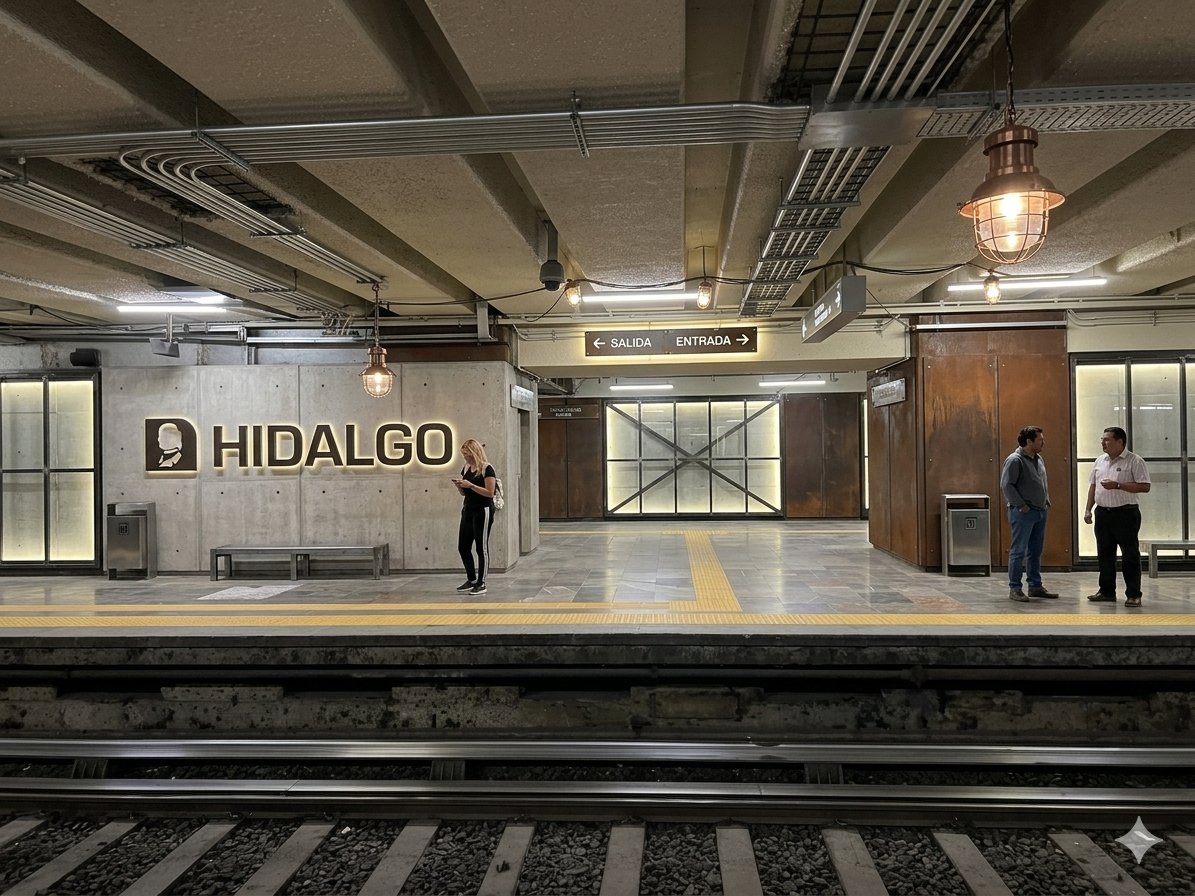 ReyPeatonMX's tweet photo. Le pedí a Gemini que imaginara Metro Hidalgo en estilo industrial, que me parece más adecuado. https://t.co/VMEP4ndAbN