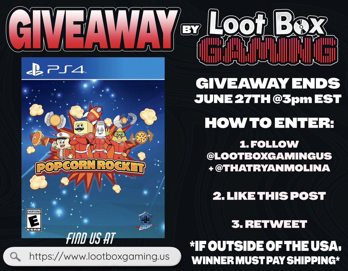 LootBoxGamingUS's tweet photo. It’s day 2 of our giveaway week at LBG! 📦✈️ 

Enter for the chance to win a free physical copy of Popcorn Rocket for the PlayStation 4 🎮

TO ENTER YOU MUST:
1. FOLLOW @LootBoxGamingUS AND @ThatRyanMolina 
2. LIKE THIS POST
3. RETWEET

Winner will be drawn on June 27th, 2026!
