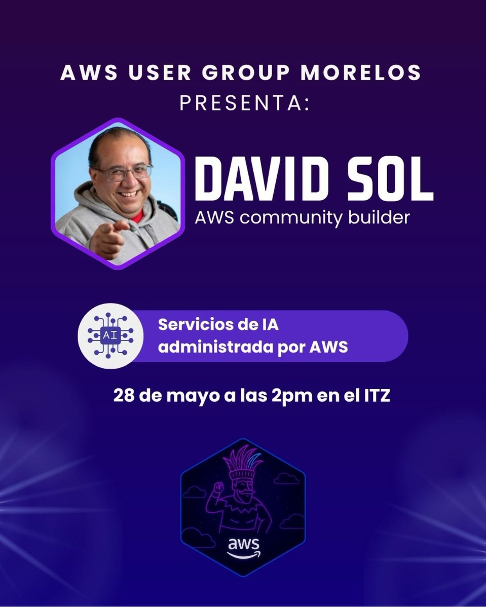 soldavidcloud's tweet photo. Acompáñennos mañana en el @It_Zacatepec, junto con el AWS UG Morelos, para jugar con los Servicios Administrados de AI de @AWS . 🚀
¡Se van a divertir! 🌞
https://t.co/qNfYTK6RO4
#aws #awscommunitybuilders #AWSUserGroupMorelos #AWSCommunity #ComunidadTech https://t.co/ZPr0s8xN9S