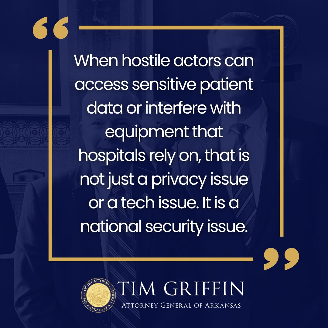 AGTimGriffin's tweet photo. .@SenTomCotton is right to press the FDA on #cybersecurity risks tied to Chinese-made medical devices. When hostile actors can access sensitive patient data or interfere with equipment that hospitals rely on, that is not just a privacy issue or a tech issue. It is a national security issue.

This is exactly the kind of gray zone warfare we have to take seriously: adversaries looking for ways to exploit the systems Americans depend on every day. I applaud Senator Cotton for engaging on this and for pushing federal agencies to close vulnerabilities that put patients and our country at risk.