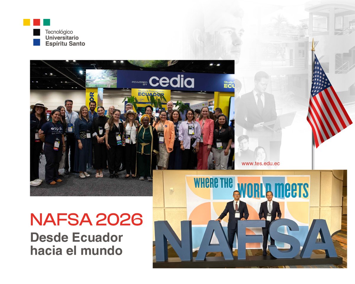 TesEcuador's tweet photo. 🌎✨ Desde Ecuador hacia el mundo.

El Tecnológico Universitario Espíritu Santo fue parte de **NAFSA 2026**, uno de los encuentros más importantes a nivel global en educación e intercambio internacional.

Como parte de Study & Research in Ecuador, seguimos fortaleciendo conexiones, creando alianzas estratégicas y mostrando el potencial académico, científico y cultural de nuestro país ante una audiencia internacional. 🇪🇨🤝🌍

Esta participación representa un paso más hacia una educación con visión global, que impulse la movilidad académica, la investigación y nuevas oportunidades para nuestra comunidad.

Seguimos conectando talento, conocimiento y futuro.

#TES #NAFSA2026 #StudyInEcuador #ResearchInEcuador #Internacionalización #EducaciónGlobal
