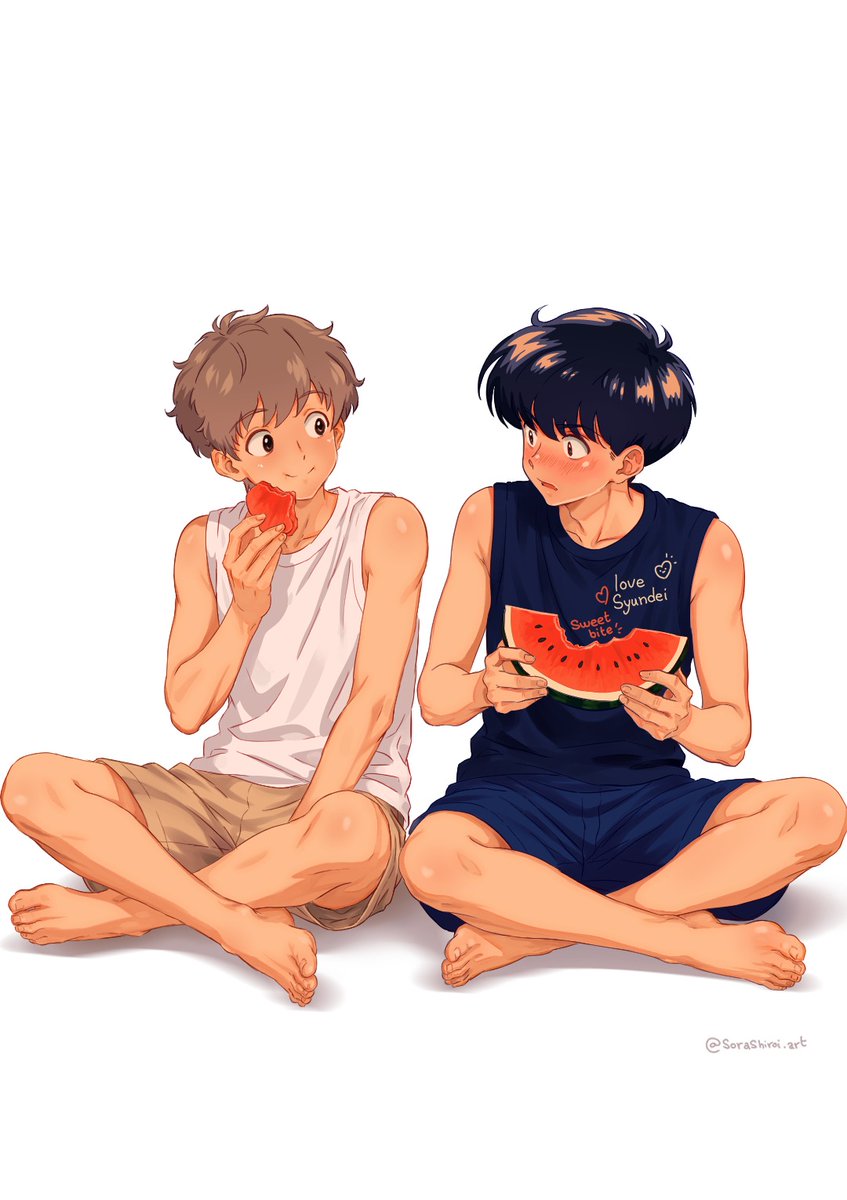 sorashiroiart's tweet photo. summer bite 🍉
a tiny indirect kiss moment… maybe?

#ganbarenakamura #boyslove #fanart #yaoi #animeart https://t.co/zf0tn0Kezg