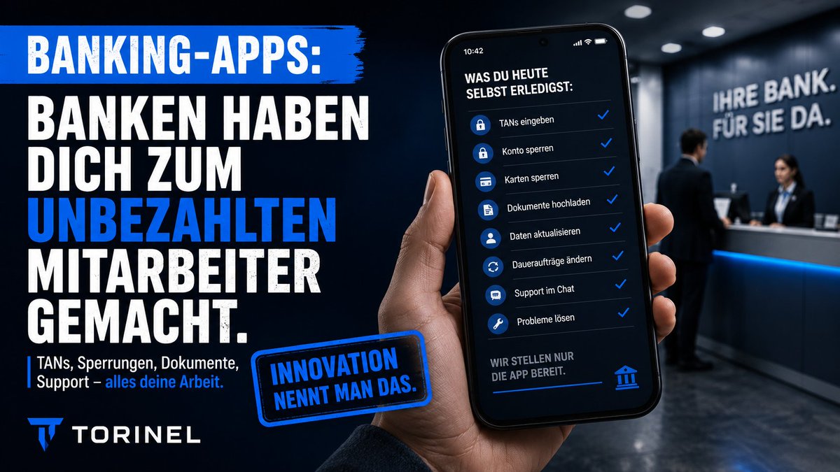 TorinelDE's tweet photo. Banking-Apps sind kein Geschenk der Banken.

Sie sind der Moment, in dem Banken ihre Filialkosten gesenkt haben — und Kunden überzeugt haben, die Arbeit selbst zu machen.

Natürlich nennen sie es Innovation.
https://t.co/bJ3zmYIUIA https://t.co/ThfVII4KEV