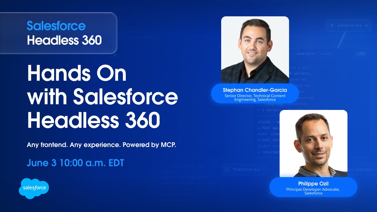 SalesforceDevs's tweet photo. Build agent-ready experiences with @Salesforce Headless 360. 🚀

Join Salesforce Developer Advocates @stephanwcg and @PhilippeOzil for the first hands-on workshop exploring APIs, MCP tools, and how to extend Salesforce beyond the platform with any frontend framework.

🗓️ June 3 at 10:00 a.m. EDT
🔗 Register for free: https://t.co/ziJPzhJDiF