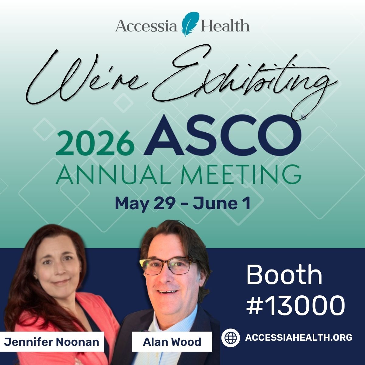 AccessiaHealth's tweet photo. We’re excited to share that Jennifer Noonan, VP of Clinical Strategy and Alan Wood, EVP of Development & Growth, will be exhibiting at the 2026 @ASCO  Annual Meeting, taking place 𝗠𝗮𝘆 𝟮𝟵 – 𝗝𝘂𝗻𝗲 𝟭! As one of the leading events in oncology, ASCO brings together healthcare professionals, advocates, and organizations committed to advancing cancer care and improving patient outcomes. 🩺
 
If you’ll be attending, stop by 𝗕𝗼𝗼𝘁𝗵 #𝟭𝟯𝟬𝟬𝟬 to connect with our team and learn more about how Accessia Health helps individuals and families manage the financial challenges of care through comprehensive patient assistance programs and support services. 
 
Check out more about the conference here: https://t.co/00lRYseX8A
 
#AccessiaHealth #PatientAssistance #ASCO2026