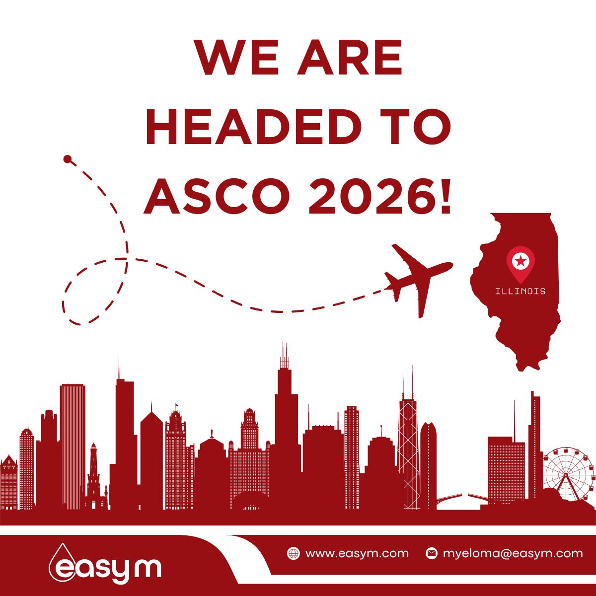 easym_test's tweet photo. The EasyM Team is Heading to ASCO 2026! ✈️💼

The countdown is on! The EasyM team is packing our bags and heading to Chicago for the ASCO Annual Meeting!

We are incredibly excited to immerse ourselves in the groundbreaking science, clinical breakthroughs, and vital discussions shaping the future of cancer care worldwide. Above all, we want to connect with the incredible community of clinicians, researchers, innovators, and advocates working to improve patient outcomes.

If you are attending in person, let's make time to connect! We would love to discuss how we can collaborate, share insights, and continue driving meaningful progress in Multiple Myeloma.

📅 When: May 29 - June 2, 2026

📍 Where: McCormick Place | Chicago, IL
👇 Attending #ASCO26? Drop a comment below, or send us a DM to set up a meet-up! See you in Chicago! 🤝

#ASCO26 #EasyM #MultipleMyeloma #MM #MRD #MinimalResidualDisease #PRD