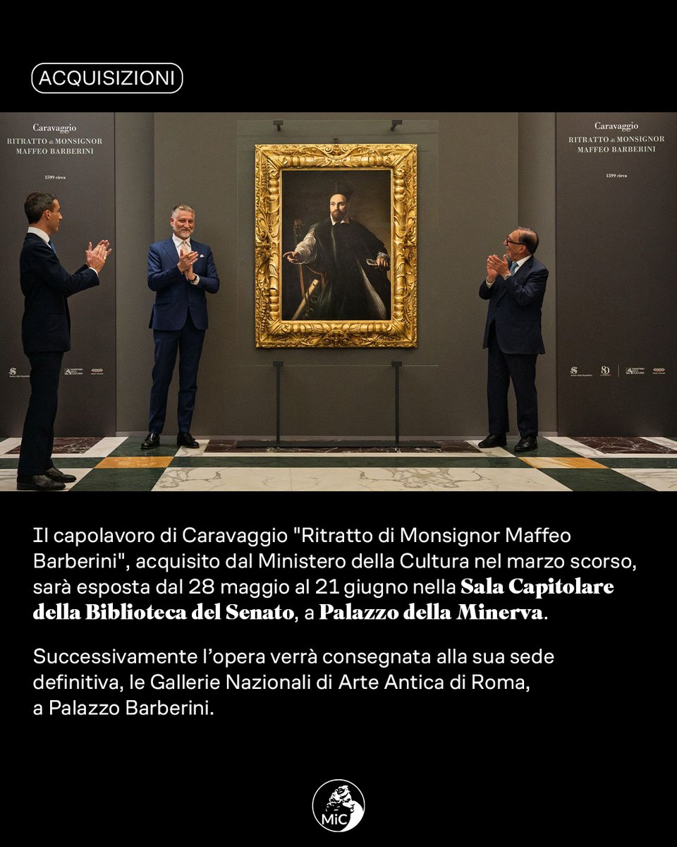 MiC_Italia's tweet photo. Inaugurata a Roma, nella Sala Capitolare di Palazzo della Minerva del @SenatoStampa, l'esposizione del “Ritratto di Monsignor Maffeo Barberini” di #Caravaggio, acquisito dal #MiC. L’opera sarà esposta gratuitamente dal #28maggio al #21giugno.
🔗Info su: https://t.co/r1lNToJZAv https://t.co/tSEsPWhoM4
