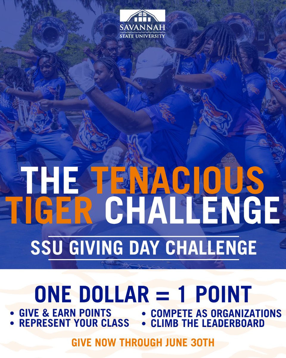 savannahstate's tweet photo. The Tenacious Tiger Challenge is officially underway!

Every dollar moves Savannah State students forward — and puts points on the board for your Tigers! Learn more and donate today at https://t.co/xOP0NAUaN3! https://t.co/aZwREqnTUT