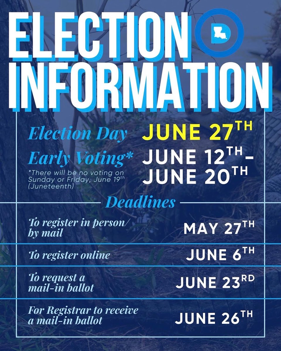Conrad4Congress's tweet photo. U.S. Senate runoff is June 27th 🗳️ 

📬 Register by mail/in person: TODAY (May 27) 
💻 Register online: June 6 
🗓️ Early voting: June 12–20 (no Sun or June 19) 
✉️ Mail ballot request: June 23 
📥 Ballot must arrive by: June 26 

Make a plan. Share this. Let's go! #Election2026 https://t.co/sZuYBXrtza