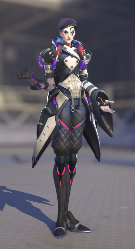 EvilRaklet's tweet photo. I got this skin (Moira Mime) in my 10y anniversary box, it is labelled as a legendary but guys be honnest, it's an epic, it's a recolor of the base skin with an hat. 
 
@PlayOverwatch @OverwatchFR https://t.co/0jQD27aJEV