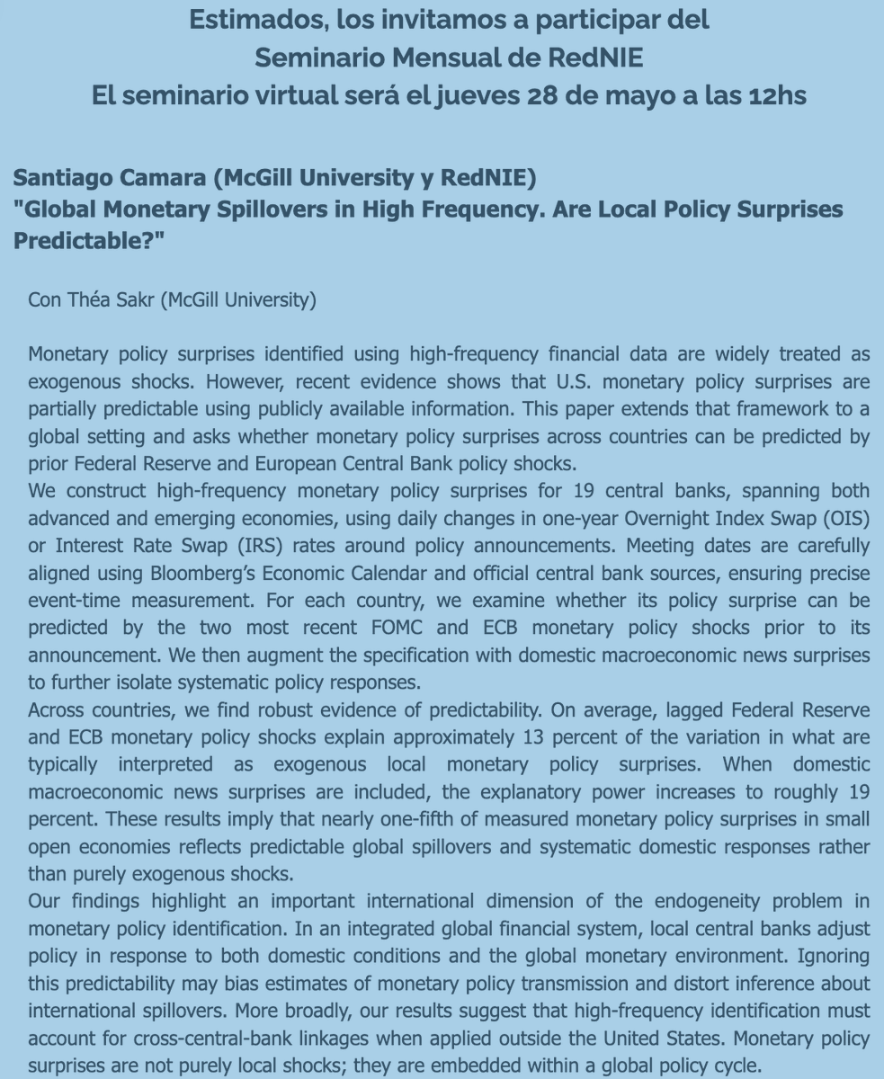 RedNIE5's tweet photo. Los invitamos a participar del seminario mensual de RedNIE mañana, jueves 28 de mayo a las 12 hs.  

Santiago Camara @EconSanti  (Mcgill University) presenta "Global Monetary Spillovers in High Frequency. Are Local Policy Surprises Predictable"

🔗 https://t.co/0I5tcMmZsN https://t.co/wyRijaD0nn