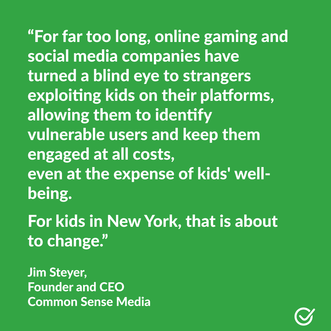 CommonSense's tweet photo. Big news for NY families! The state’s budget protections will prevent adult strangers from messaging your kids &amp; require that kids’ profiles be set to private by default. Thanks to @GovKathyHochul, @Sen_Gounardes and @nily Rozic. Read our full statement: https://t.co/xdqgabw0Ty https://t.co/GyY6H6FKcn