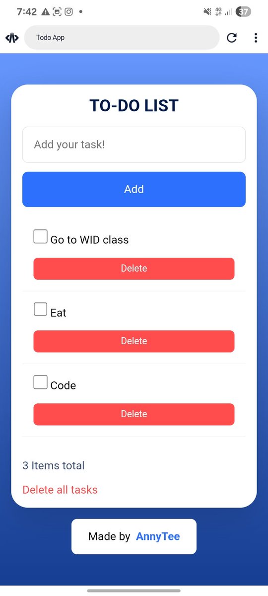AnnyTee777's tweet photo. It's week 7, and I built a working To-Do List app 💻🔥!

Using HTML, CSS &amp; JavaScript to add / delete tasks, DOM manipulation, and basic state handling!

Small project, real frontend progress 🚀! 

Thank you, @womenindefi_org and @findy_dev ❤️✨️! https://t.co/0wQ7L53RPs
