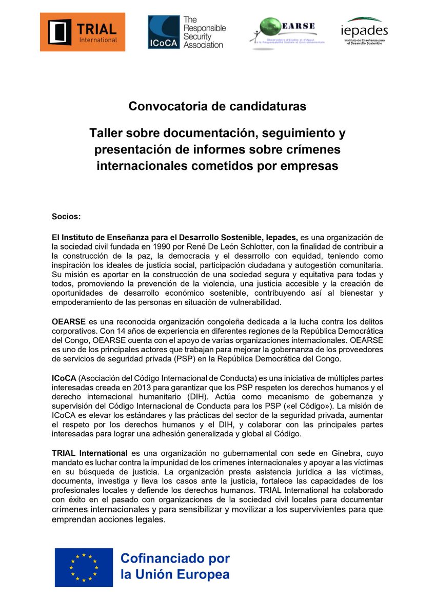 IEPADES's tweet photo. 📢 𝗬𝗮 𝗲𝘀𝘁á𝗻 𝗮𝗯𝗶𝗲𝗿𝘁𝗮𝘀 𝗹𝗮𝘀 𝗶𝗻𝘀𝗰𝗿𝗶𝗽𝗰𝗶𝗼𝗻𝗲𝘀para organizaciones de la sociedad civil (OSC) guatemalteca para participar en un programa de formación sobre monitoreo y documentación de delitos graves cometidos por actores corporativos.
En el marco de la Corporate Accountability Initiative (CAI), ICoCA, TRIAL International, IEPADES y OEARSE RDC ofrecen una formación presencial de tres días en Guatemala, financiada, para organizaciones de la sociedad civil guatemalteca, del 7 de Julio al 9 de julio de 2026.
 El programa se centrará en:
• Monitoreo, documentación e informe de delitos graves cometidos por actores corporativos
• Apoyo a víctimas conforme a estándares internacionales
• Marcos jurídicos que regulan a las empresas de seguridad privada y proveedores de servicios
Quiénes pueden aplicar:
OSC guatemalteca con al menos tres años de experiencia en al menos una de las siguientes áreas:
• Documentación de violaciones de derechos humanos
• Monitoreo de empresas o servicios de seguridad privada en sectores de alto riesgo
• Trabajo con víctimas y comunidades afectadas
La formación será completamente financiada por los organizadores, lo que incluye  transporte, alojamiento y viáticos. Se seleccionarán 10 organizaciones, con un máximo de 2 participantes por organización, garantizando equilibrio de género en la composición del grupo.
🗓️Fecha límite: 3 de junio de 2026, 23:59 (GMT-5)
📬 Enviar la solicitud y los documentos requerido a: iepades@iepades.org