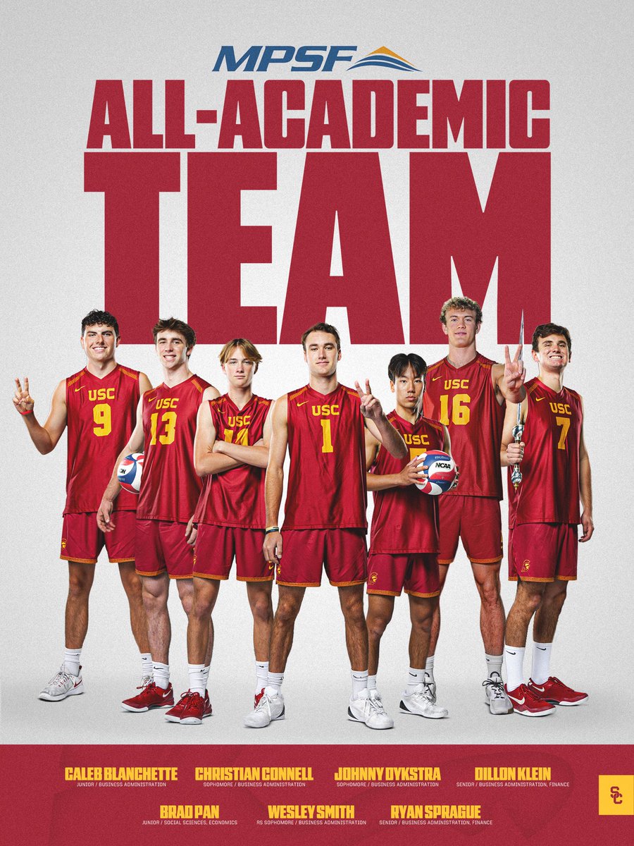 USCmensvolley's tweet photo. 7️⃣ Trojans were named to the MPSF All-Academic Team headlined by three-time selection Ryan Sprague!

#FightOn ✌️🏐 https://t.co/a8PvixCKmZ