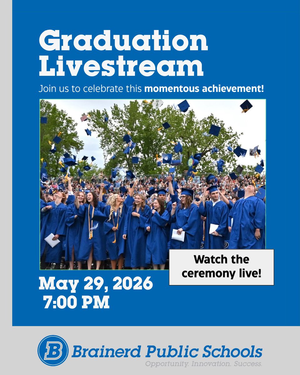 BrainerdSchools's tweet photo. 🎓 Graduation Day is almost here!  Watch the ceremony live and celebrate with our graduates from anywhere:  https://t.co/dVpSbMhc8m

💙 #WarriorProud #BHSGraduation #ClassOf2026 https://t.co/vmrjNLBZd0