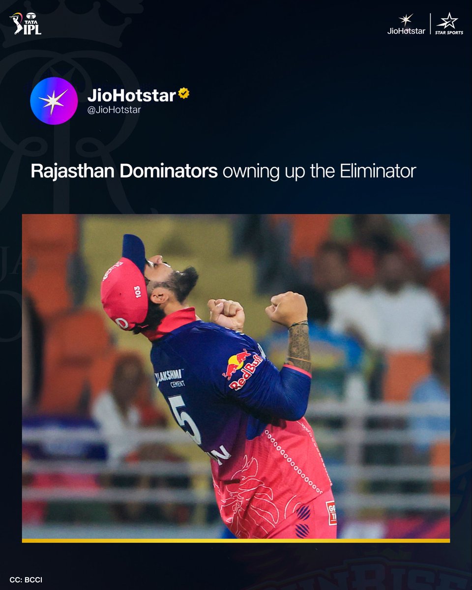 JioHotstar's tweet photo. Into the qualifier, like true Royals
Watch #SRHvRR highlights from #IPL2026 Eliminator on JioHotstar
#VaibhavSooryavanshi #RiyanParag #JofraArcher #PrafulHinge #RajasthanRoyals #SunrisersHyderabad https://t.co/reRaCXz4AB