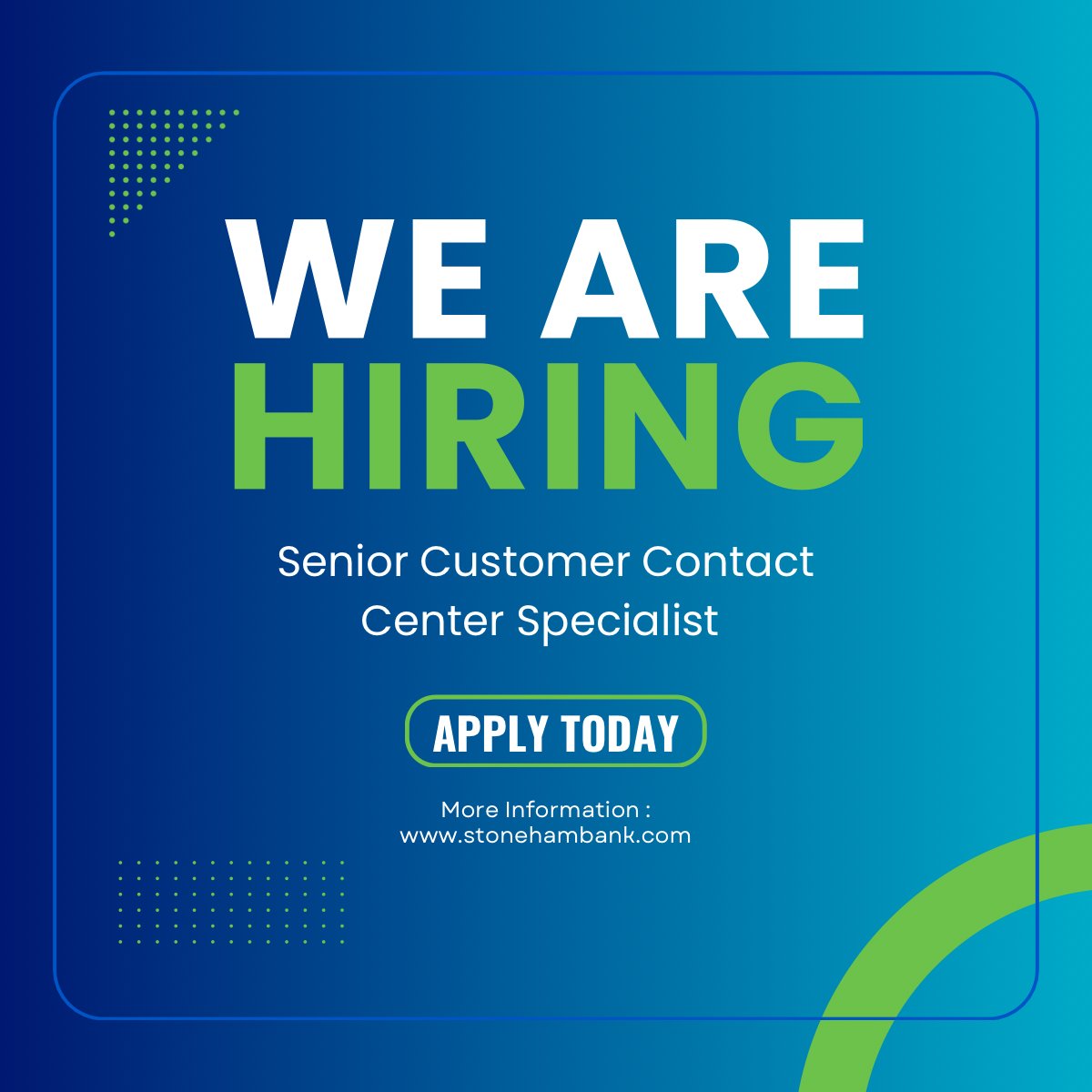 StonehamBank's tweet photo. Your next career move could start with a conversation. 📣

We’re hiring a Senior Customer Contact Center Specialist to join our onsite team in Stoneham, MA.

Help customers. Solve problems. Make an impact.

Apply today: https://t.co/KssD8e4Tkf

#StonehamBank #NowHiring https://t.co/YXiSxJ92PW