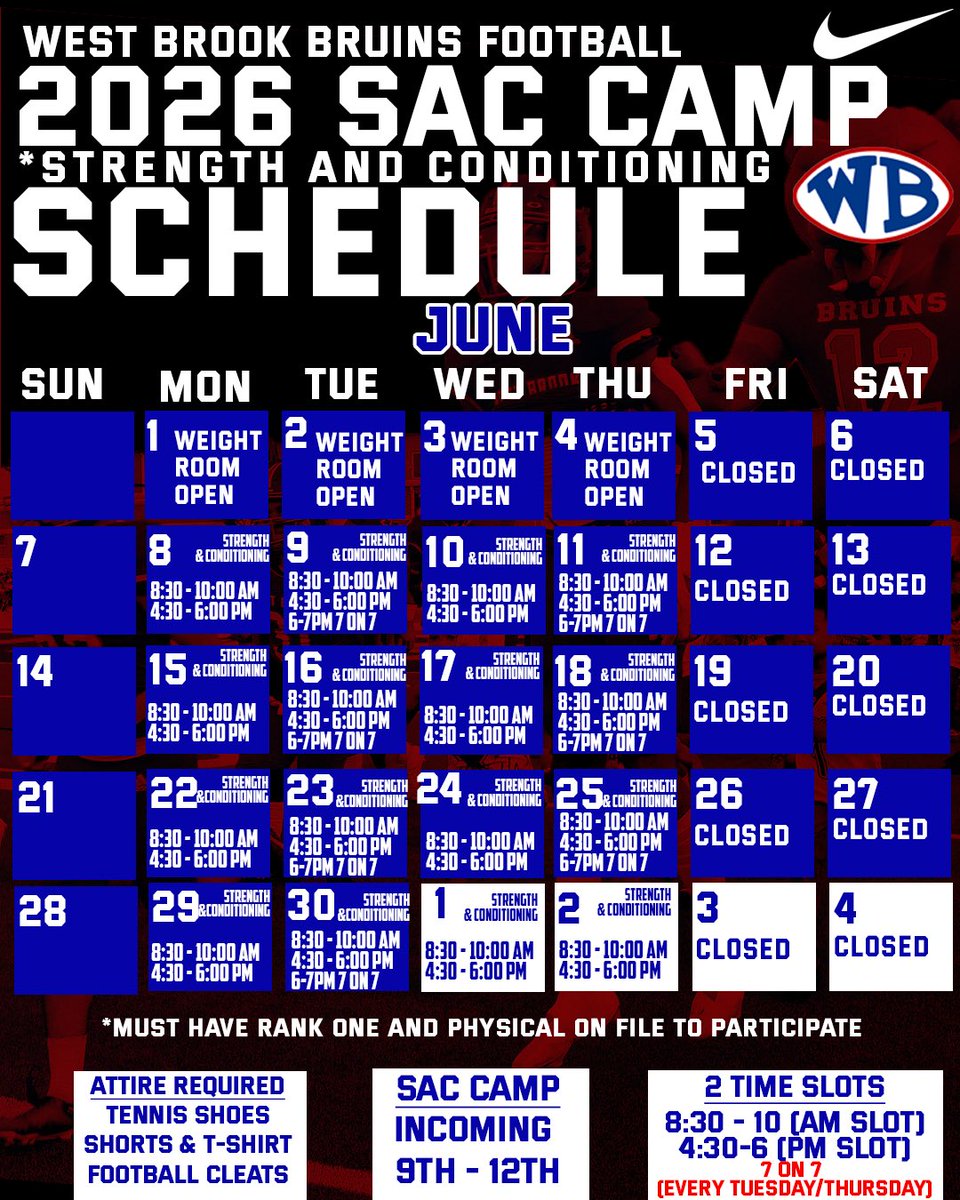 football_brook's tweet photo. 🏈 2026 WEST BROOK FOOTBALL JUNE SAC CAMP 

Incoming 9th-12th graders — summer grind starts now.

Workout Times:
8:30-10 AM
4:30-6 PM

7on7: Tuesdays &amp; Thursdays | 6-7 PM

Rank One &amp; physical required.
Tennis shoes, shorts, T-shirt &amp; cleats required.

#BrookFamily #AllInAllYear https://t.co/5eJbQR9ZCQ