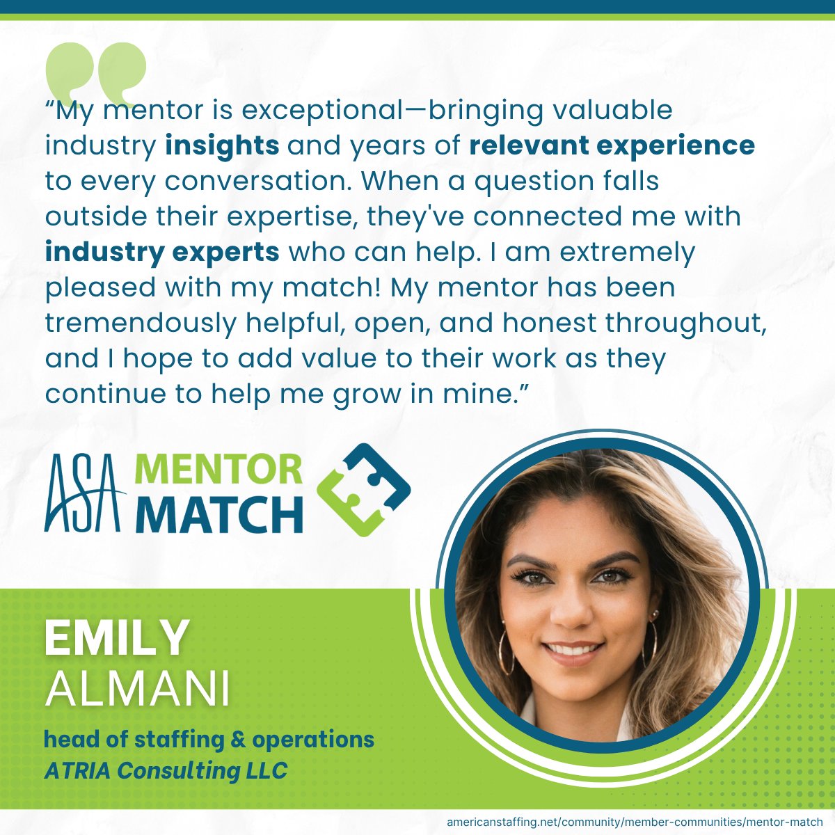 StaffingTweets's tweet photo. ASA's Mentor Match program applications are due May 31! Join participants like Emily Almani, Kimberly Coull and Tracy Pierce, who gained industry insights from experts, fresh perspectives on problem-solving and newfound confidence as leaders. Apply now at https://t.co/cjcMXRfyAV https://t.co/YlwwQzaVCB