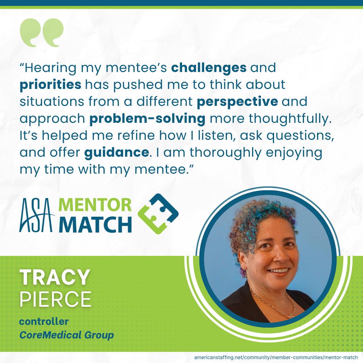 StaffingTweets's tweet photo. ASA's Mentor Match program applications are due May 31! Join participants like Emily Almani, Kimberly Coull and Tracy Pierce, who gained industry insights from experts, fresh perspectives on problem-solving and newfound confidence as leaders. Apply now at https://t.co/cjcMXRfyAV https://t.co/YlwwQzaVCB