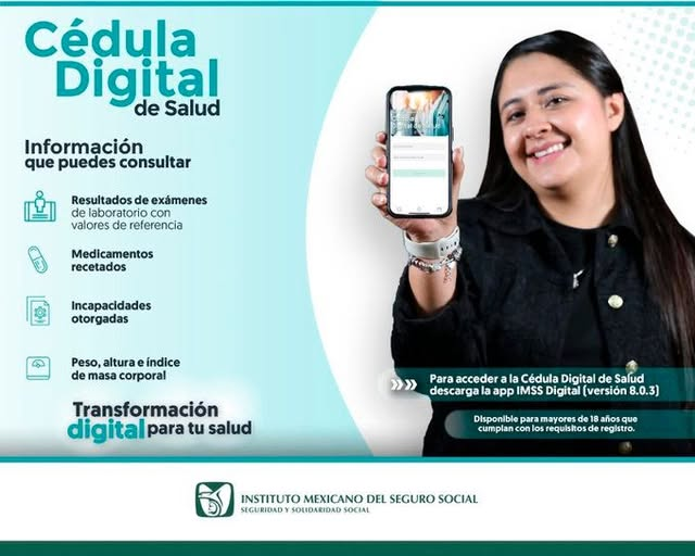 Tabasco_IMSS's tweet photo. Con la #CédulaDigital de Salud puedes consultar:
📄 Resultados de laboratorio.
💊 Medicamentos recetados.
🩹 Incapacidades otorgadas.
🩺 Peso, altura, MC.
📲 Descarga la app #IMSSDigital y transforma tu salud. https://t.co/AD26R2etEI