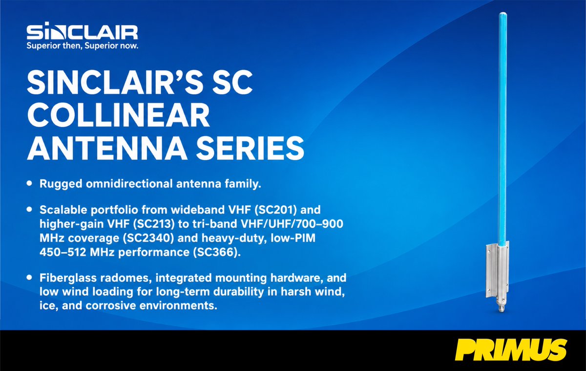 PrimusCorp's tweet photo. Primus offers Sinclair Technologies' SC collinear antenna series.
The rugged antenna family features a environmentally resistant build, with a range of frequencies to fit a variety of applications. Contact us or visit us online to see which collinear antenna fits your project. https://t.co/0TGb2HiNKe