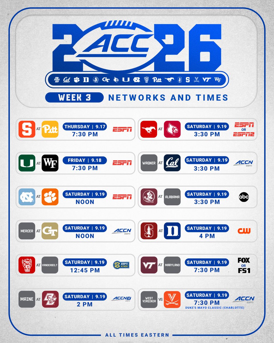 ACCFootball's tweet photo. Almost that time ⏳

Networks and times for Weeks 0-3 have been announced.

🔗 https://t.co/n9KTkX8mwf https://t.co/9SUoNlgxHQ