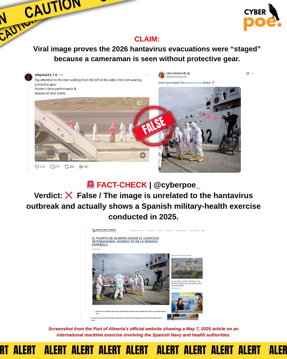 cyberpoe_'s tweet photo. 🚨 FACT-CHECK | @CyberPoe_

Claim: Viral image proves the 2026 hantavirus evacuations were “staged” because a cameraman is seen without protective gear.

Verdict: ❌ False / the image is unrelated to the hantavirus outbreak and actually shows a 2025 Spanish military-health exercise.

👉 For the full in-depth article, visit us at:
🔗https://t.co/CawHLYtxCa