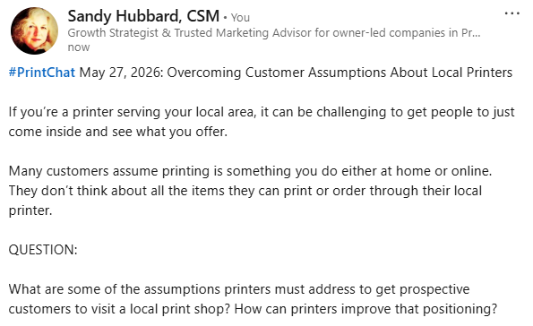 sandyhubbard's tweet photo. It's Wednesday and time for #PrintChat! 

Today we're helping local printers overcome the assumptions customers have about working with them.

Join us! 

https://t.co/3uEdi09QuF https://t.co/4bHHjdHflG