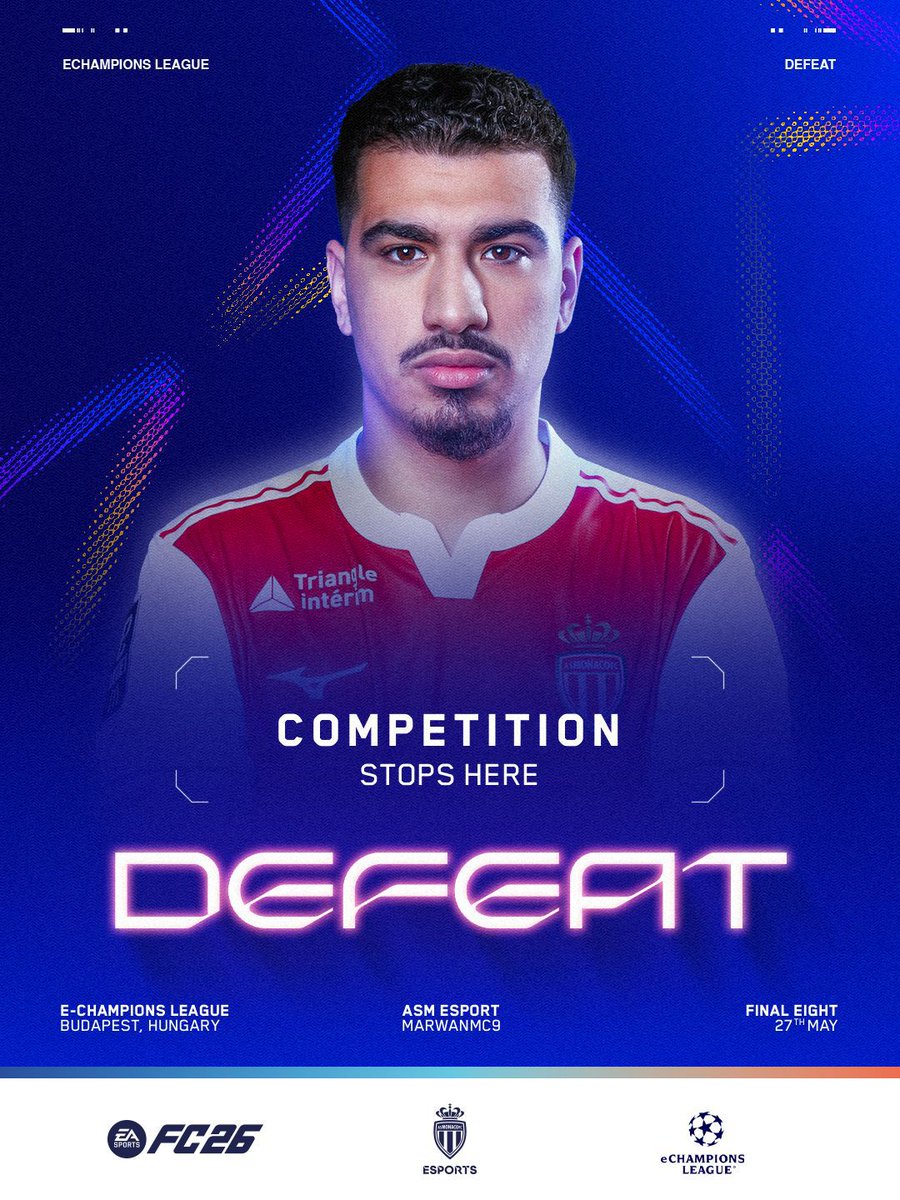 ASMonacoEsports's tweet photo. Cette magnifique aventure s’arrête aux portes des demi-finales de la eChampions League pour 𝐌𝐚𝐫𝐰𝐚𝐧𝐌𝐂𝟗 🇪🇺🥲

Merci pour les émotions Marwan, on s’en rappellera ❤️ https://t.co/MhztGpmkTb