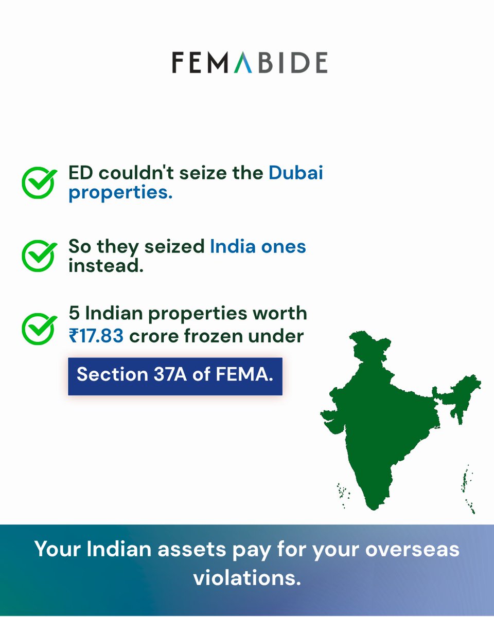 femabide's tweet photo. 10 properties in Dubai.
₹34 crore.
Bought through hawala.
Zero RBI approval.
ED searched the Delhi home.
Seized 5 Indian properties worth ₹17.83 crore instead.
This is Section 37A of FEMA — and it's being used aggressively right now.
Full breakdown. 🧵
#DubaiProperty #FEMA https://t.co/3E84e6zr2W