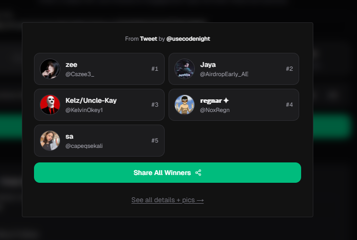 usecodenight's tweet photo. Congrats to winners! Check your DM's to claim your 50$ each prize! @Cszee3_ @AirdropEarly_AE @KelvinOkey1 @NoxRegn @capeqsekali 
DRAW ID: 1779908266172
https://t.co/Wrvsrgek7N https://t.co/04pdwjJiO4
