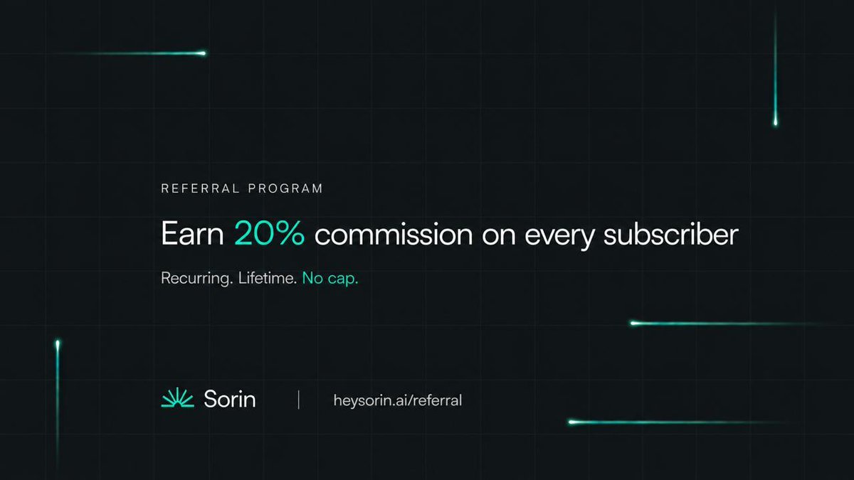 HeySorinAI's tweet photo. Share your referral link. When someone signs up and converts to a paid plan, you earn 20% of what they pay.  

Not once. Lifetime. No cap. https://t.co/nU5jKPdZfo