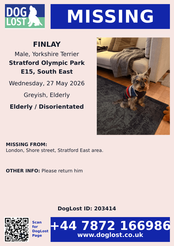 millypod1's tweet photo. 🆘27 MAY 2026 #Lost Finlay #ScanMe
ELDERLY Yorkshire Terrier Male
POSS PICKED UP NEED TO LOCATE FINDERS 
Shore Street, Stratford East area #London
Stratford Olympic Park #GreaterLondon #E15
https://t.co/cGJIkROlsi https://t.co/wnkijD6Eke