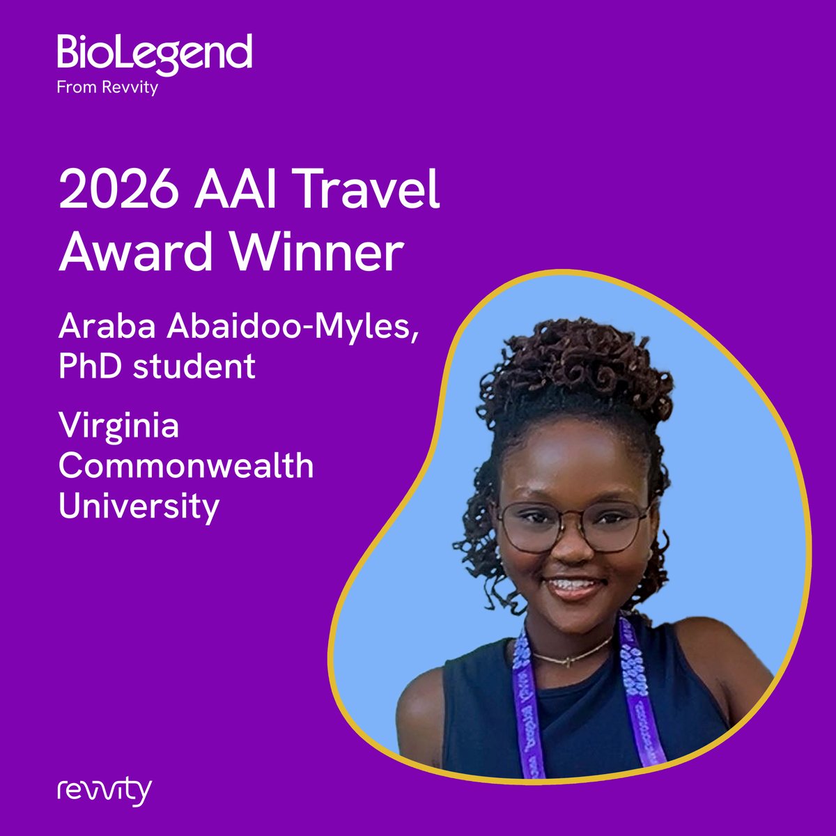BioLegend's tweet photo. Congrats to Araba Abaidoo-Myles, PhD student at VCU, winner of BioLegend's 2026 AAI Travel Award! They specialize in infectious diseases, immunology, and molecular cell biology, working to improve disease diagnosis and develop novel therapies. https://t.co/s0QJF3EbIq https://t.co/0GzZAViiK4