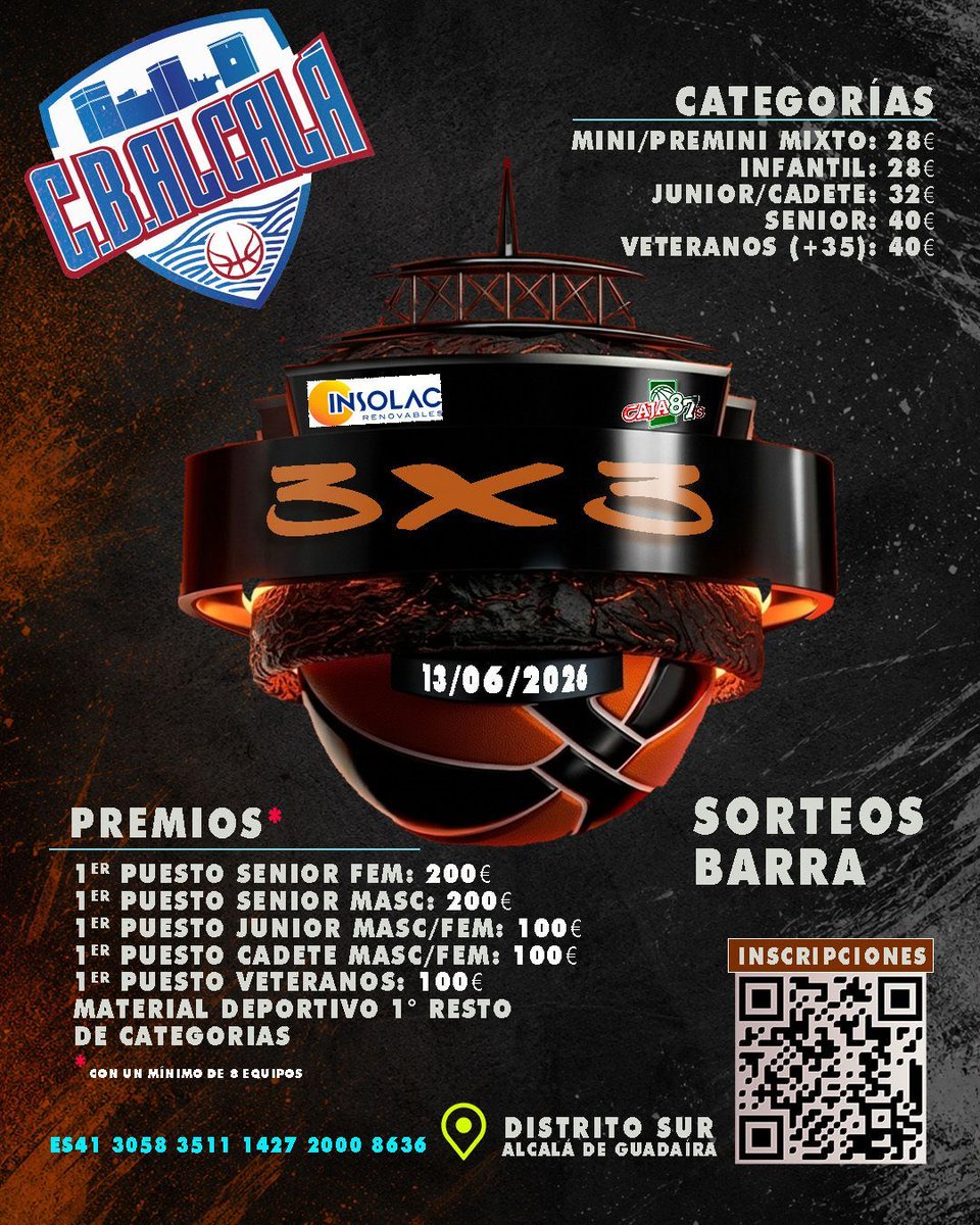 CBAlcalaG's tweet photo. 🏀🔥 Llega el I Torneo 3x3 de CB Alcalá 🔥🏀

Velocidad, espectáculo, música y puro basket en una jornada que promete convertir Alcalá en territorio 3x3.

⚡ Equipos
🎁 Sorteos y premios
🎧 Ambientazo
🔥 Mucho baloncesto

Inscripciones en el QR.

¿Preparados? 👀 https://t.co/L7ttt3m2QM