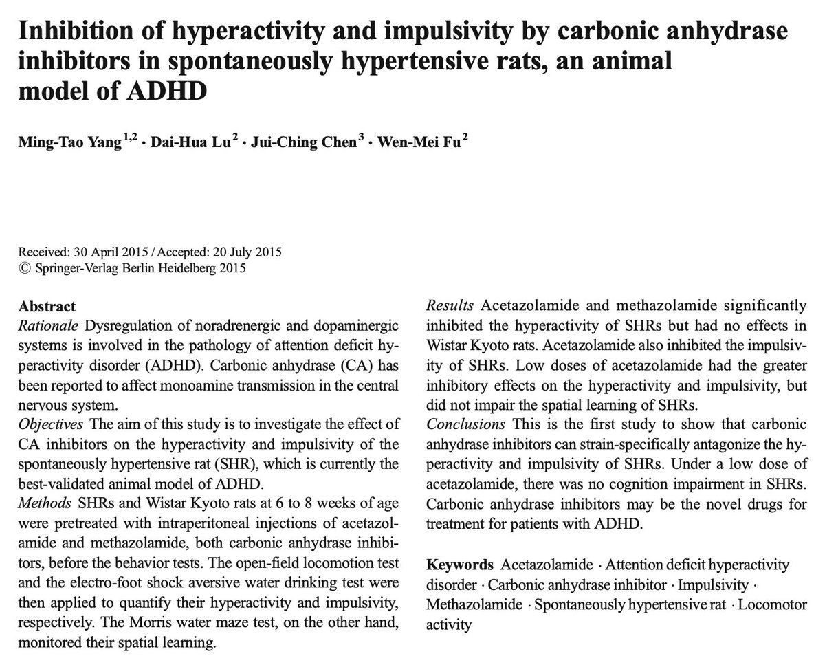lowmegatron's tweet photo. Ray Peat explained that the relationship between ADHD and hypothyroidism likely has to do with decreased oxidative metabolism in the brain, lowering ATP/energy, and CO2.

Increasing CO2 may also improve ADHD, as seen in rodent experiments and case reports.

Acetazolamide blocks a type of carbonic anhydrase, the enzyme that converts CO₂ into bicarbonate so it can be carried to the lungs and exhaled. With the enzyme blocked, CO₂ can't be cleared as fast, so it increases slightly in the brain. 

Note that arterial blood CO₂ usually doesn't rise much as the lungs can compensate by increasing ventilation, which blows off CO₂ and keeps arterial PCO₂ roughly normal or even slightly lowered.

In a case report, acetazolamide resulted in subjective improvement in the child's ADHD symptoms (inattention, irritability, hyperactivity) and improved performance in school. Unfortunately, a repeat ADHD assessment was declined by caregivers.

“... (after acetazolamide) the parents reported significant subjective improvement in the child's behavioral symptoms, including inattention, irritability, and hyperactivity. They also reported that the child's teachers had observed similar improvements. Her scholastic performance also improved following initiation of acetazolamide therapy.”

In rats,  acetazolamide reduces ADHD-linked behavior.

The researchers used three behavioral tests as indicators of ADHD:
1] Open-field locomotor test. This measured hyperactivity (total/central/peripheral activity counts and rearing).
2] Electro-foot shock aversive water drinking test. This measured impulsivity (number of shocked drinking events).
3] Morris water maze test. This measured spatial learning/memory (escape latency, swim distance, swim speed).

Aectazolamide reduced ADHD-linked activity.

“Current ADHD drugs still have limited efficacy, and some patients with ADHD cannot tolerate the adverse effects. This is the first preclinical animal study which demonstrated that carbonic ahnydrase inhibitors (which increase CO2) are strain-specifically effective to antagonize the hyperactivity and the impulsivity of (ADHD rats), and this is what inspires us to carry on the clinical trial of carbonic ahnydrase inhibitors in patients with ADHD.”

“strain-specifically effective” means that they reduced the behaviors in mice with high expression but had no effect on those behaviors in “normal” mice.

Back to oxidative metabolism...

Oxidative metabolism is when mitochondria break down fuel ✧using oxygen✧ to produce ATP (energy), mainly through the mitochondria via the citric acid cycle and oxidative phosphorylation.

Glucose is the brain's primary fuel. It's broken down (glycolysis) into pyruvate, which enters the mitochondria and is fully oxidized to CO₂ and water, generating most of the brain's ATP. Fatty acids and ketones are also oxidized (at much lower concentrations in normal circumstances) and produce less CO2 per unit of oxygen consumed.

The active thyroid hormone T3 regulates the rate of oxidative metabolism by stimulating mitochondrial activity and the genes/enzymes involved in energy production, effectively setting the brain's metabolic tempo. Adequate T3 keeps oxidation efficient; too little slows it down, leading to lower CO2 production and ATP.
