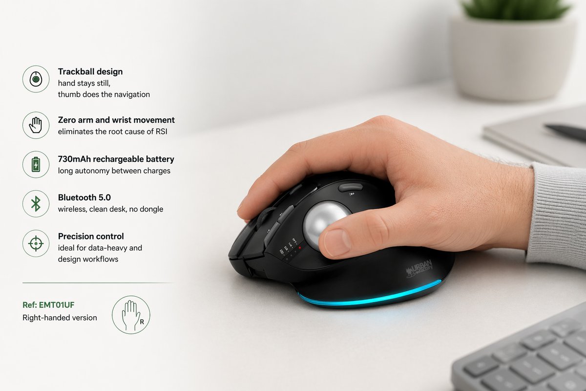 UrbanFactoryWW's tweet photo. Some wrist pain doesn't respond to a better mouse.
It responds to a different approach entirely.
 
ERGO TRACKBALL: hand stays still.
Thumb navigates. Zero RSI movement. 🖱️
 
#Ergonomics #WorkplaceWellbeing #UrbanFactoryIntl https://t.co/uBs4zj21mS