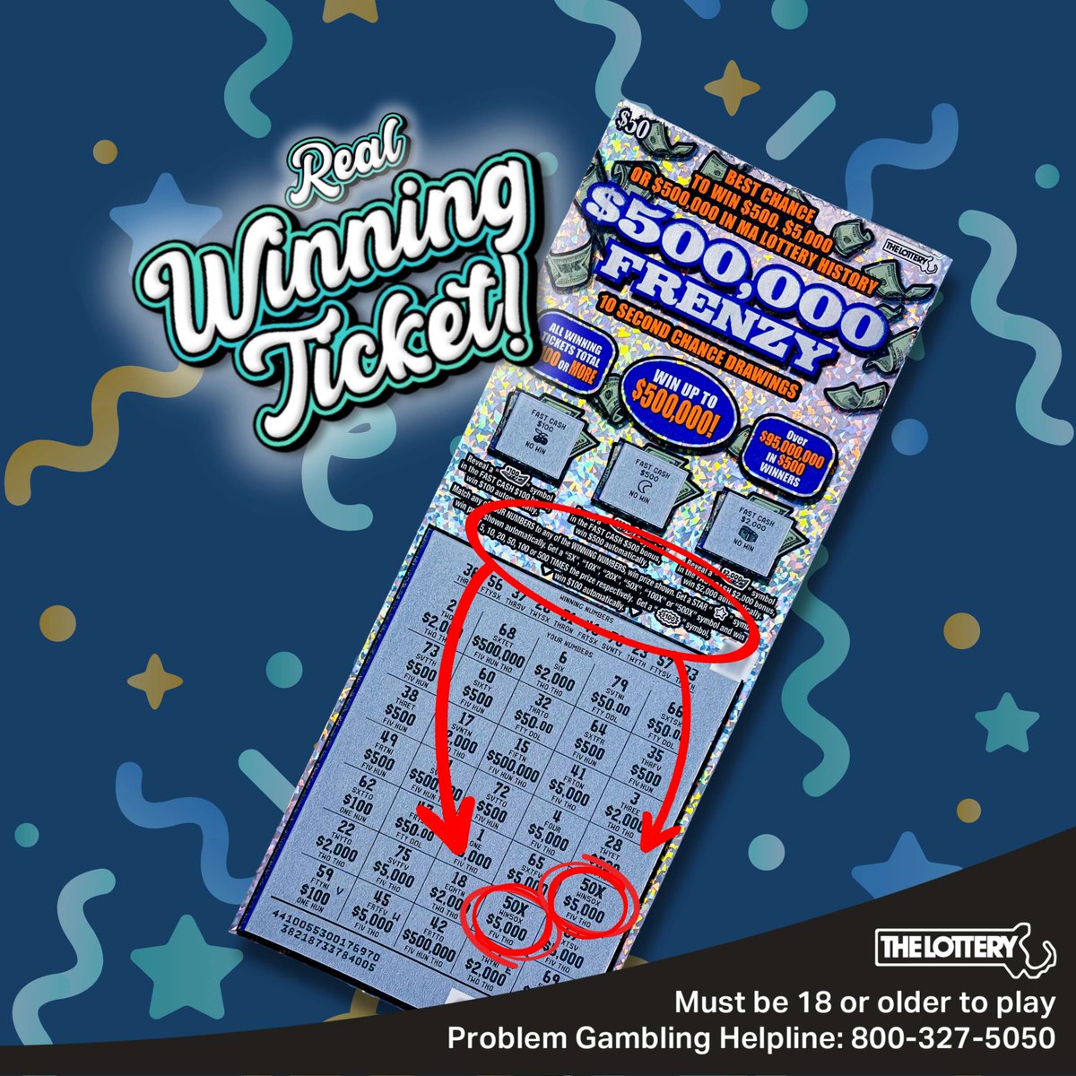 MAStateLottery's tweet photo. 🫨 Didn't notice second 50X and thought he had won $250,000! 

Play NEW $500,000 FRENZY ($50) ...best chance to win $500, $5,000 or $500,000 in Mass Lottery history!

New instant tickets > https://t.co/tYQfHpv7YG

#MassLottery
#Lottery
#InstantTickets
#ScratchTickets
#Winner
#NorthAndover
#Massachusetts