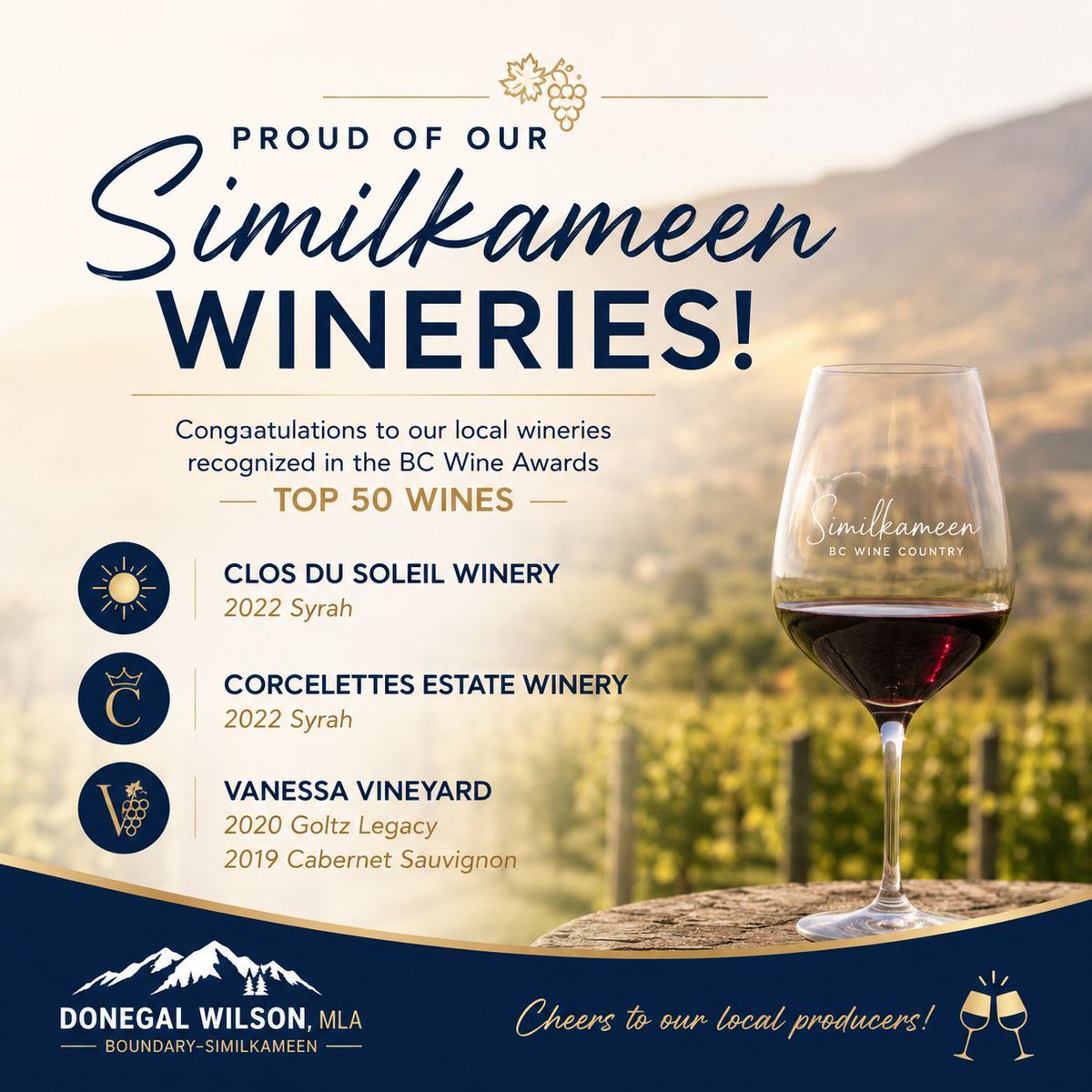 DonegalWilson's tweet photo. Congratulations to Clos du Soleil Winery, Corcelettes Estate Winery, and Vanessa Vineyard on being recognized in the BC Wine Awards Top 50 Wines.

A proud moment for the Similkameen and a well-deserved recognition of the skill, care, and craftsmanship of our local producers. https://t.co/6D9rAUvKkf